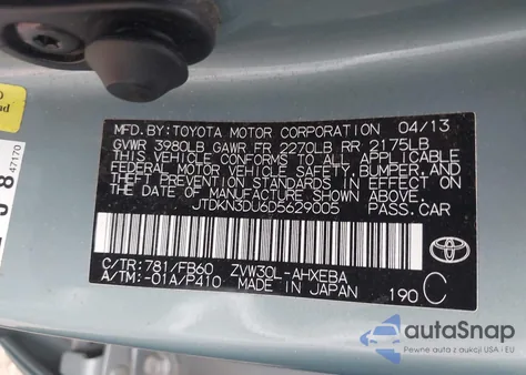 2013 Toyota Prius Two z USA, uszkodzony, nr VIN JTDKN3DU6D5629005